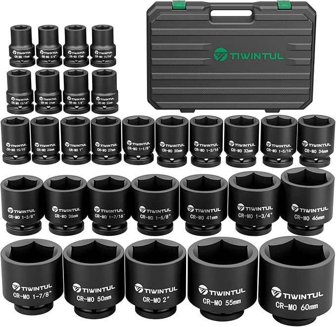 3/4 Inch Drive Impact Socket Set, 6-Point Design, CR-MO Steel, 30 PCS Large Impact Socket Set, SAE (11/16??to 2?? and Metric (17mm to 60mm), Rugged Construction, Heavy Duty Impact Sockets