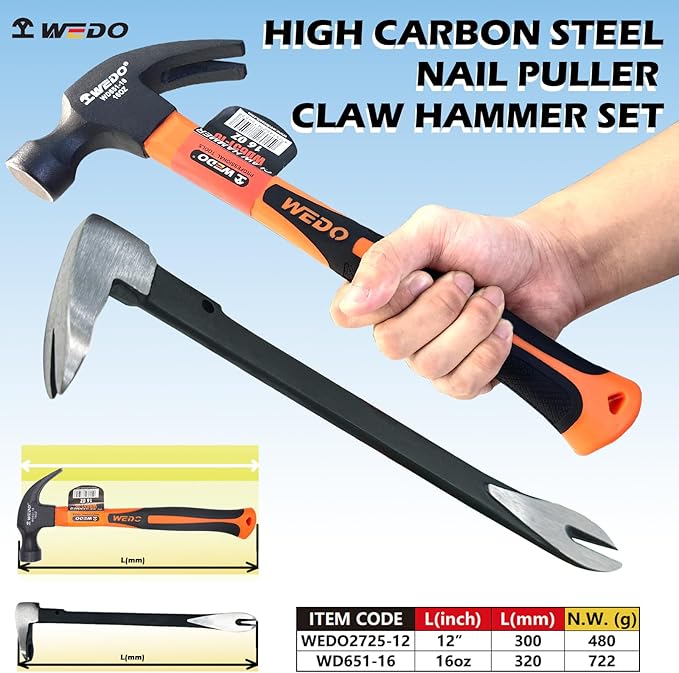 WEDO Pry Bar and Claw Hammer Set,12" Flat Pry Bar Nail Puller,16oz Claw Hammer,High Carbon Steel Crowbar,Cat Paw Nail Remover,Utility Claw Bar Tool for Home Remolding,Woodworking
