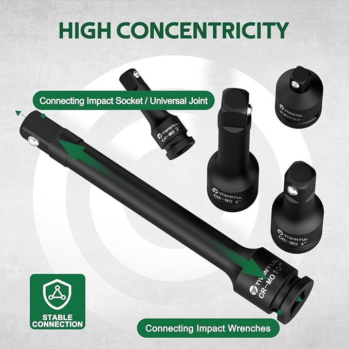 3/4" Drive Impact Extension Bar Set, 5 PCs 3" 4" 6" 10" Impact Socket Extension, 3/4" to 1/2" Adapter with CR-MO Steel, Storage Box for Car, Truck, Tractor Repair