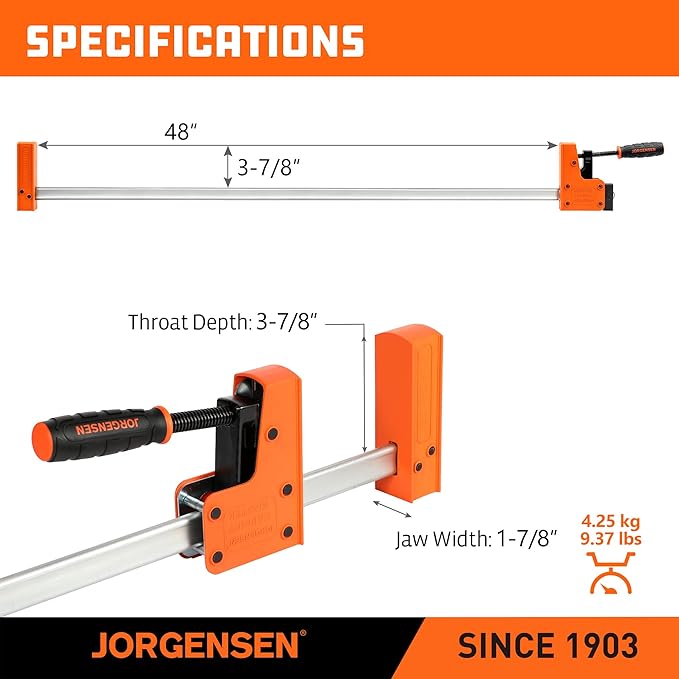 JORGENSEN 48-inch Bar Clamps, 90째Cabinet Master Parallel Jaw Bar Clamp Set, 2-pack