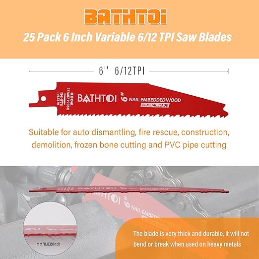 25 Pack 6 Inch 6/12 Tpi Reciprocating Saw Blades for Wood and Nail-Embedded Wood Cutting, Bi-Metal Sawzall Blades with 8% Cobalt for Longer Life and Faster Cutting Speed