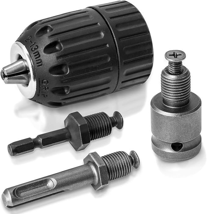 Hakkin 2-13mm Keyless Drill Chuck Adapter, 1/2-20Unf Drill Chuck with SDS-PLUS Shank Bit, 1/4" Hex Shank Lock Key, 1/2” Socket Square Female Adapter for Impact Driver, Electric Drill, Hammer Drill