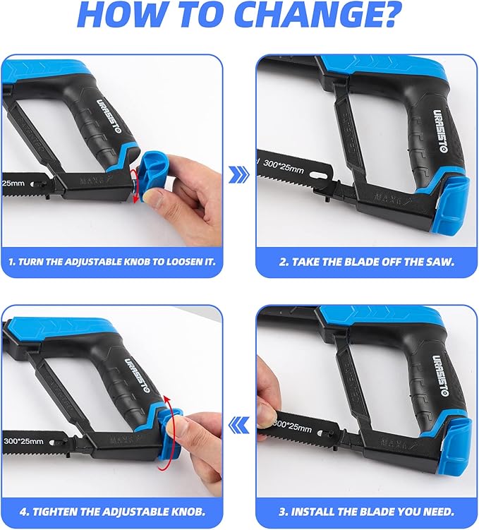 Hacksaw Frame Set, 12“ Hacksaw Frame, 6'' Hacksaw Frame and 10'' Mini Hacksaw, Including 8pc Extra Blades Multi-function for Metal Wood PVC Pipes