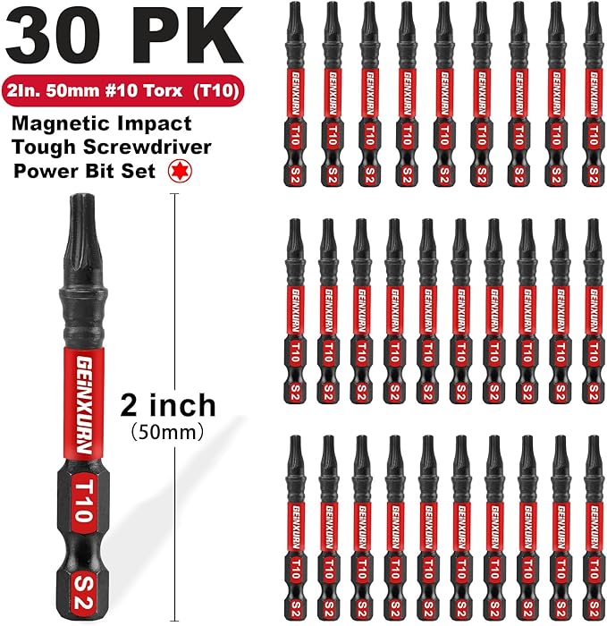 30 Pieces T10 Impact Tough Magnetic Screwdriver Bit Set, 2 In. #10 Torx Head Power Bit Set, S2 Alloy Steel T10 Star Bit Set