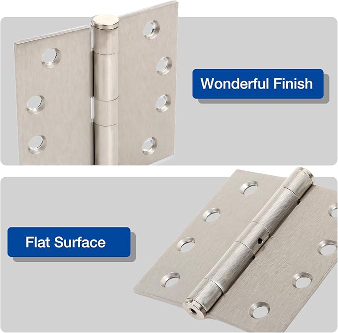 Brushed Nickel Door Hinges 4 Inch Heavy Duty Commercial Door Hinges Square Hardware Thick 3.3mm NRP Satin Nickel Hinges for Hotel Guest Room Solid-core Door, Ballroom Double Door Hallway Swing Doors