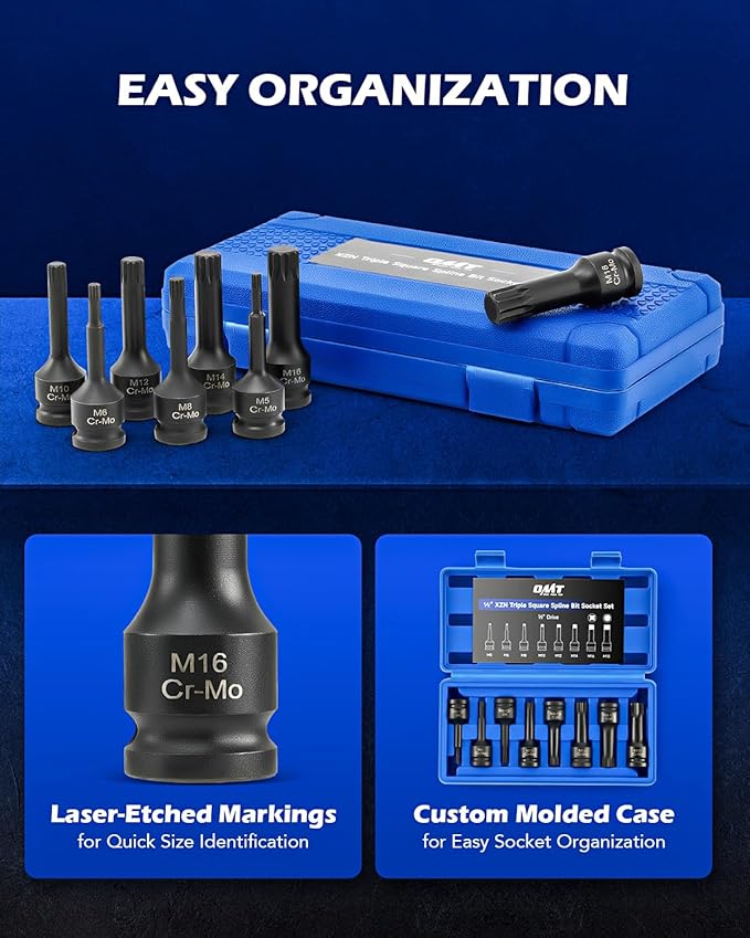 Orion Motor Tech XZN Triple Square Spline Bit Sockets, 8pc 1/2" Drive Impact Triple Square Bit Socket Set with Metric M5 M6 M8 M10 M12 M14 M16 M18 Socket Adapters, Cr-Mo Steel, Storage Case