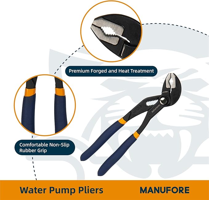 MANUFORE Water Pump Pliers, 7/10/12 Inch Quick Release Groove Joint Pliers with V-Jaw, for Griping Pipes, Rods, Shafts