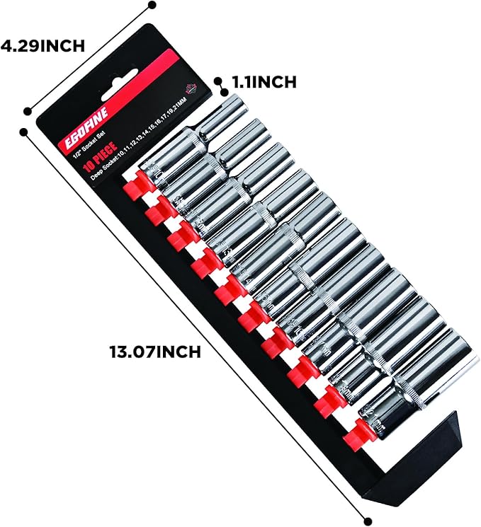 Egofine 10PCS 1/2??Drive Deep Socket Set,Metric Socket Set竊?0mm-21mm,6 Point Socket Set With Hanging Bracket,Cr-V Steel
