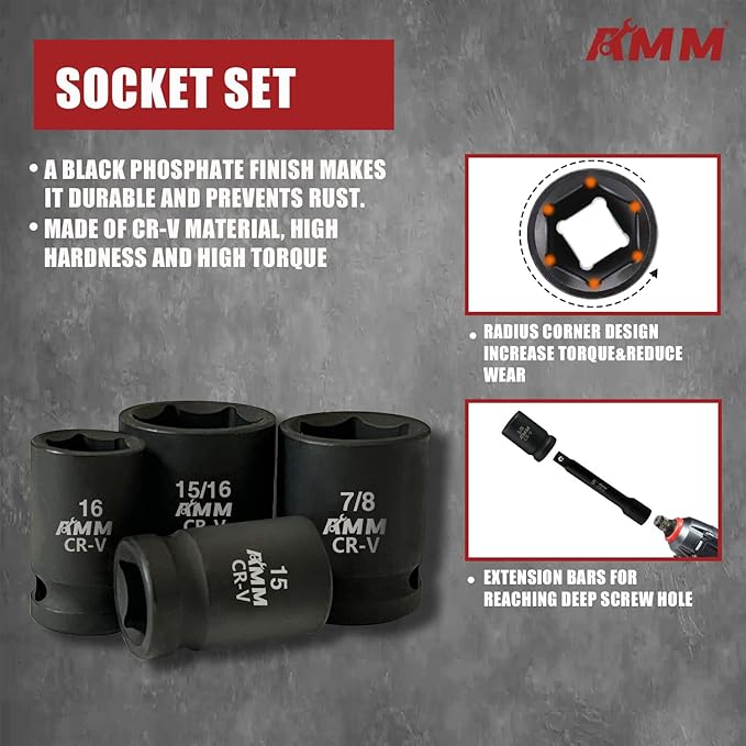 AMM 1/2" Drive Master Impact Socket Set, 24-Piece Shallow Standard SAE (7/16-Inch to 1-Inch) & Metric (13-24 mm) Sizes, Socket Assortment with Ratchet Handle竊똂r-V Steel