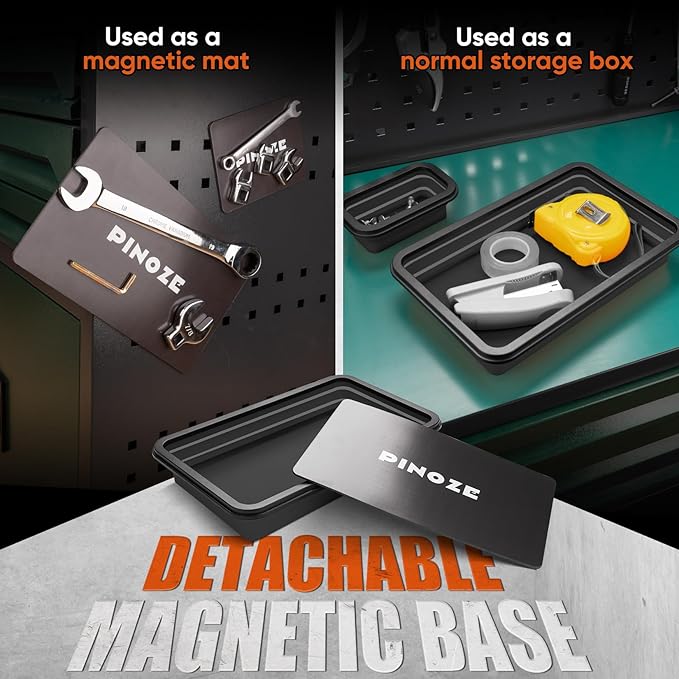 Collapsible Magnetic Parts Organizer Trays & 12" Flexible Magnetic Pickup Tool, 3 Different Size Magnet Tool Trays & Pick-Up Sweeper for Screw, Bolts, Nuts, Washers, Pins and Metal Parts, Black