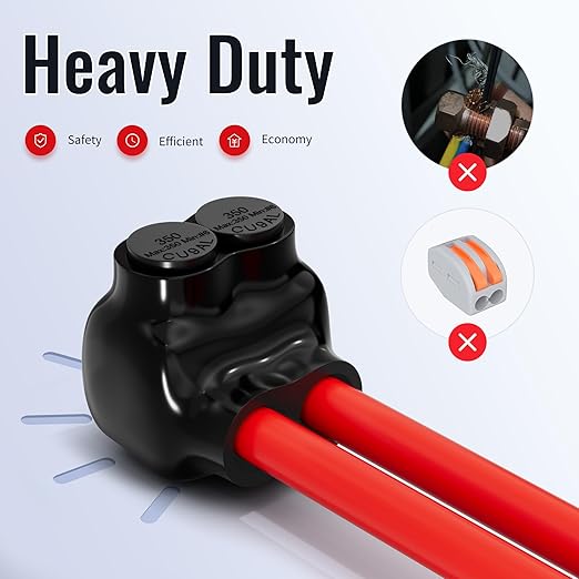Black Electrical Cable Connectors 2 Port Insulated Multi Tap Connector 350MCM-6AWG Aluminum Wire Connector Single-Sided Entry 3/8" Allen Hex - 6 Pack