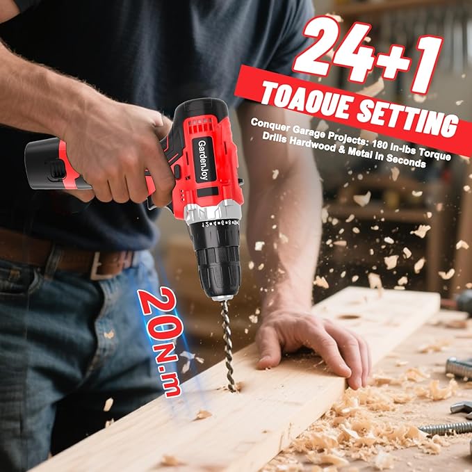 12V Cordless Drill Kit, Red, 2 Batteries & Fast Charger Included, Lightweight, 2-Speed Control, 3/8" Keyless Chuck, 24+1 Torque, LED Light for DIY Wood/Metal