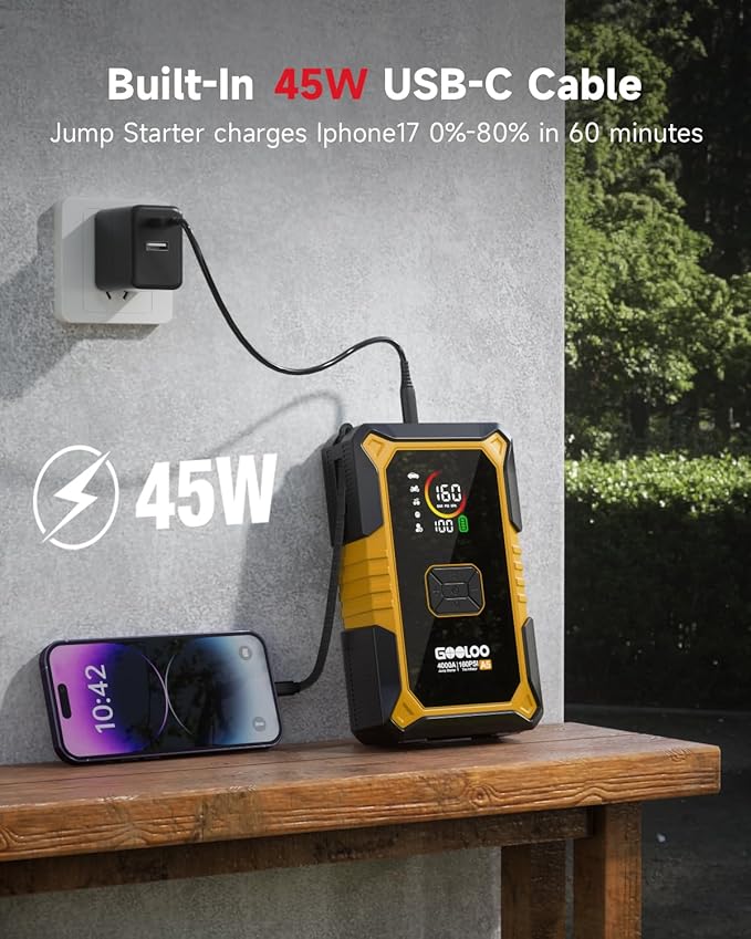 GOOLOO A5 Car Jump Starter with Air Compressor, 4000A Portable Car Jump Starter (All Gas/10.0L Diesel) with 160PSI Auto-Off Tire Inflator, 45W Output Power Bank,12V Battery Jumper Starter Portable