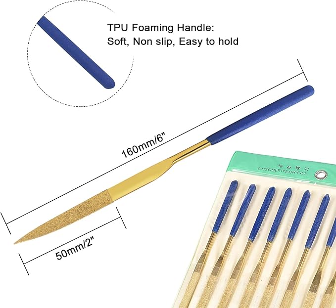 10 PCS Diamond Needle File (4mm x 160mm,150 Grit) Titanium Coated Mini Metal Files Cutter Point Files for Precision Metal File Work Miniature DIY Jewelers/Glass/Ceramic
