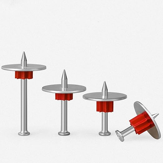 3" Powder Actuated Fasteners Round Nails .30" Head Diameter and 1" Washer with Red Flute Drive Pins for Powder Fastening & Power Framing Systems 100 pcs