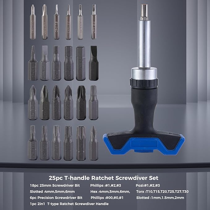 25pc T-Handle Screwdriver Set - Multi Bit Screwdriver Kit (Phillips, Pozi, Slotted, Hex, Torx) & 6pc Precision Bits + 2-in-1 T-Type (Black -25 pieces)