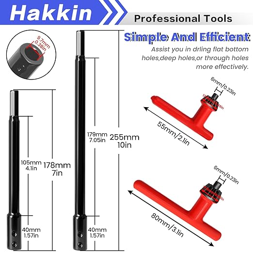 2Pcs 7”＆10” Extra Long Forstner Bit Extension for 3/8" Drill Bit Extension Forstner Bits for Adding Over 5-3/4 to 8-3/4 Inches of Drilling Depth, with Chuck Press Wrench Key (10+13mm)