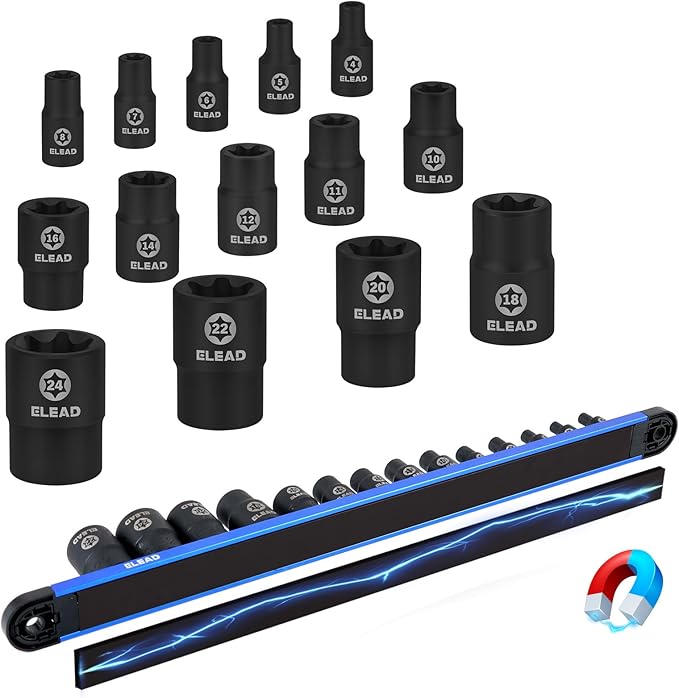 14-Piece Female E-Torx Star Socket Set with Magnetic Storage Rail, 1/4", 3/8", 1/2" Drive E4 - E24 External Impact Socket Set, Chrome Vanadium Steel, High Visibility Markings