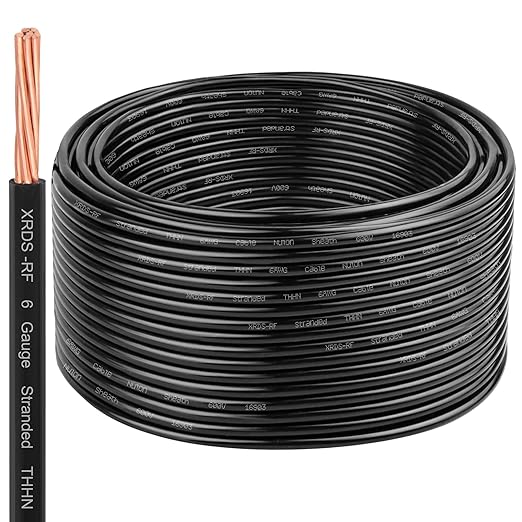 XRDS-RF THHN Wire 100FT, 6AWG Stranded Copper THHN Electrical Wire, Black Nylon-Coated Thermoplastic Insulated Cable for Indoor Conduit Wiring, 600V Rated