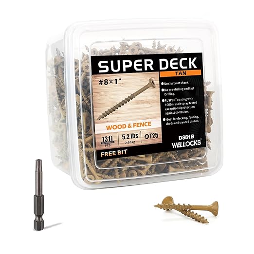 WELLOCKS Deck Screws, Wood Screws, Tan, Superior Rust Resistant, Epoxy Coated, Above 1000 Hour Salt Spray Coating T25 Torx Star Bit Included for Outdoor Wood Fence (5.2LBS Tan, #8횞1")