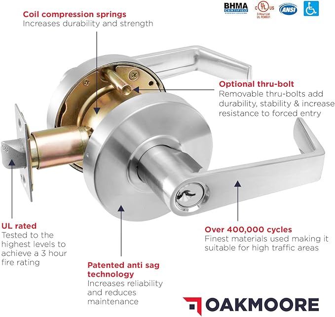 Premium Commercial Door Handle Grade 2 (Classroom) Heavy Duty Lockset Keyed ??Schools Offices Industrial Standard ??Grade 2 UL CUL and ADA ??Nickel Chrome Finish ??ANSI A156.2