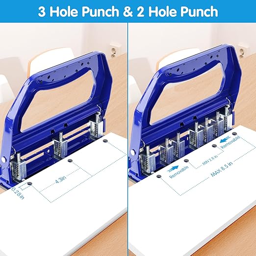 AFMAT 3 Hole Punch Heavy Duty, 9/32" Holes, 50-Sheet Hole Puncher 3 Ring, 50% Reduced Effort, Adjustable Two & Three Hole Punch, Metal Paper Puncher w/Large Chip Tray, Metal Paper Guide, Blue, HP18