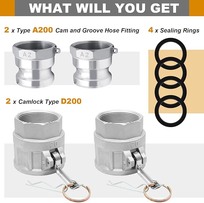 2" Cam & Groove Hose Fittings Kit, 2 PCS Aluminum Camlock Type D200 + 2 PCS Aluminum Cam Lock Fittings Type A200 with Sealing Gasket