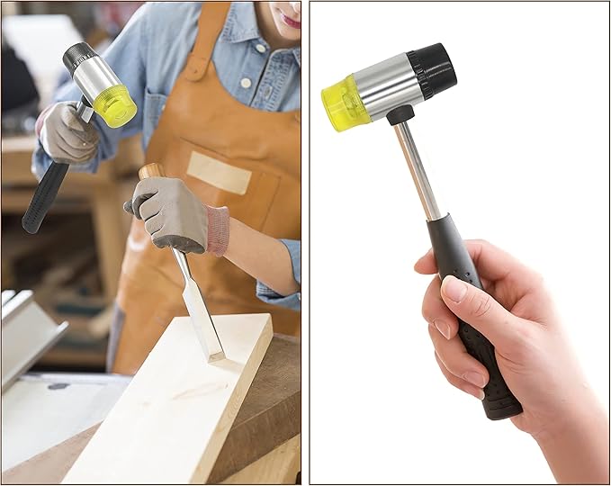 30mm 9oz Double-Faced Rubber Hammer with 4 Soft/Hard Tips Mallet Non-Slip Grip for Leather Crafts, Woodworking and Flooring Installation（Black and Yellow）