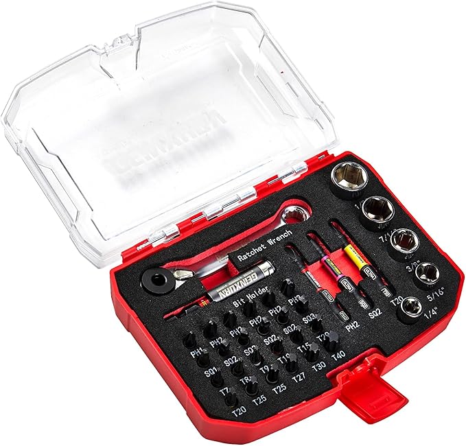 34 Pieces Tool Kit with Matching Storage Box, Include 1??2??S2 Steel Magnetic Screwdriver Bits (Phillips/Square/Torx), Socket, Bit Holder and Mini Ratchet Wrech for Home Repairs