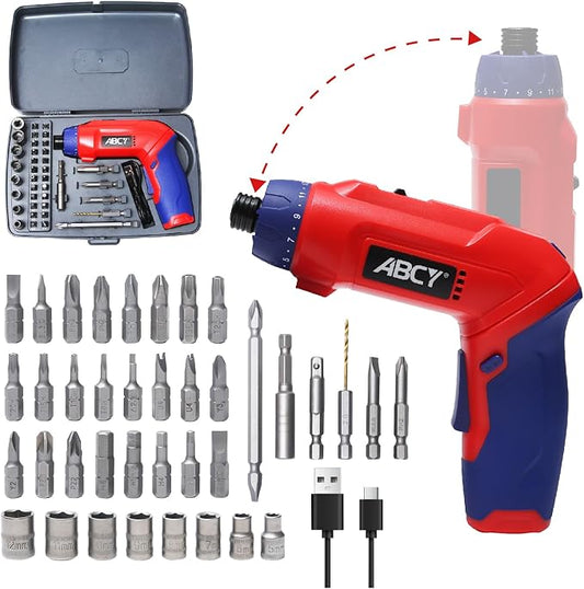 Cordless Screwdriver 3.6 V Electric Rechargeable Set,Battery Powered Screwdriver Kit Including 38pcs Bits, Max 7.1Nm Screw Gun, 21+1 Torque Setting, 2 Position Handle with LED Light