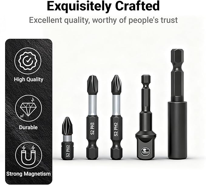 42-Piece Impact Screwdriver Bits Set with Phillips, Magnetic S2 Steel Phillips/Slotted/Square/Torx Insert Power Bits Tips, Impact Bit Holder with Black Storage Box Case