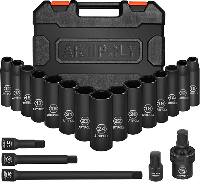 20 Pieces 1/2" Drive Metric Deep Impact Socket Set,10mm-24mm no skip, Includes Extension Bars, Universal Joint and Adapter, 6 Point Design, Meets ANSI Standards
