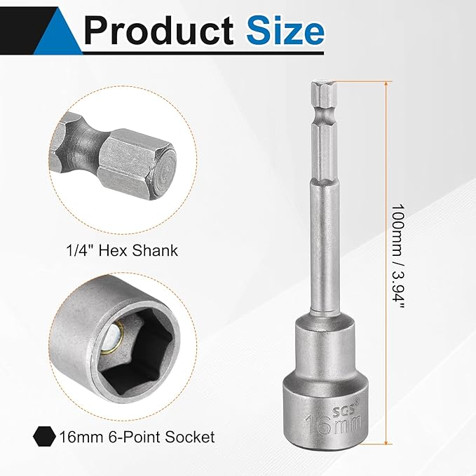 HARFINGTON 2pcs Nut Driver Drill Bit 16mm Metric Socket 1/4" Hex Shank 3.94" (100mm) Long Magnetic 6-Point Sockets Quick Change CR-V Steel Bolt Setters for Power Drill Drivers