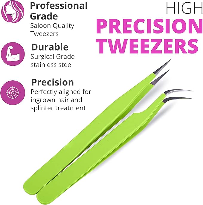 SIVOTE Lash Tweezers for Eyelash Extensions, Hand Calibrated Straight & Curved Tip, Pack of 2, Green