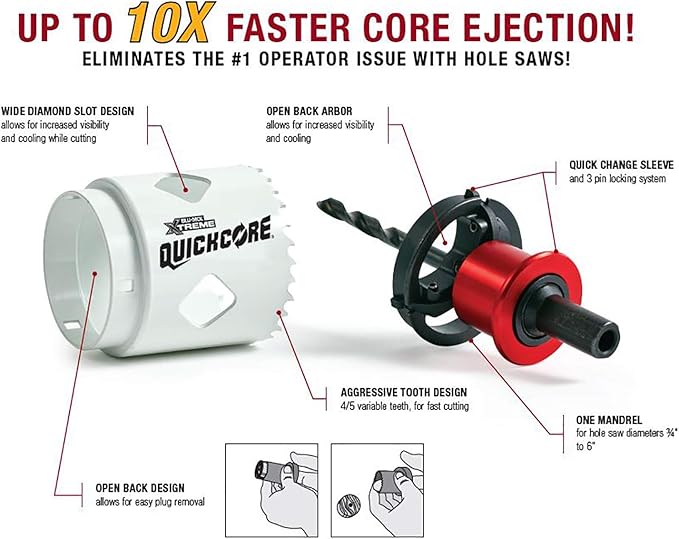 Disston QuickCore 7 pc Set - 1 Each: 1", 1-1/4", 1-1/2", 1-3/4", 2", and 2-1/2" Hole saws, Arbor with a Pilot Drill bit, Hex Key