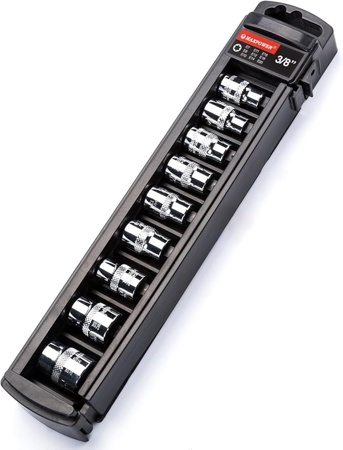 MAXPOWER 9-Piece 3/8 Inch E-Torx Star Socket Set - E7, E8, E10, E11, E12, E14, E16, E18, E20