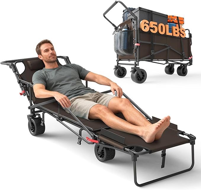LEVELEVE Heavy Duty Folding Wagon - 2-in-1 Collapsible Cart, 650lb Capacity, All-Terrain Wheels w/Brakes & Side Pockets (Brown)