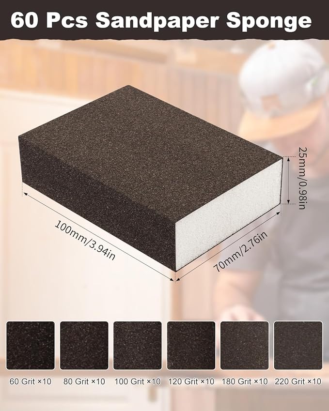 Rocaris 60 Pack Sanding Blocks, Washable and Reusable Sanding Sponge Fine Coarse for Wood and Drywall 60, 80, 100, 120, 180, 220 Grit
