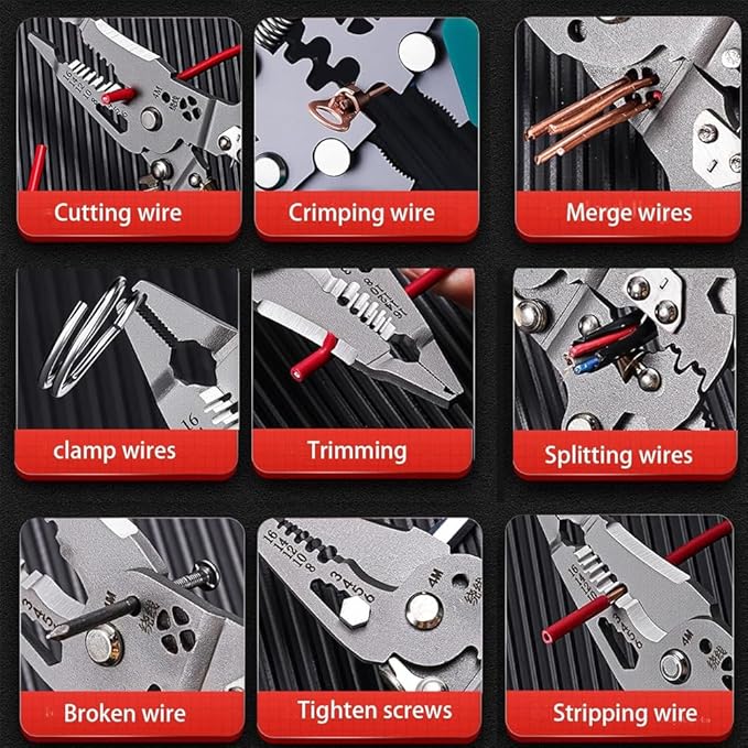 Saker 18-in-1 Folding Electrician Pliers, Multi-Function Professional Wire Stripper Tool with Voltage Tester Light, Built-In Screwdriver and Cable Hook Knife, Compact Electrical Pliers for Home DIY