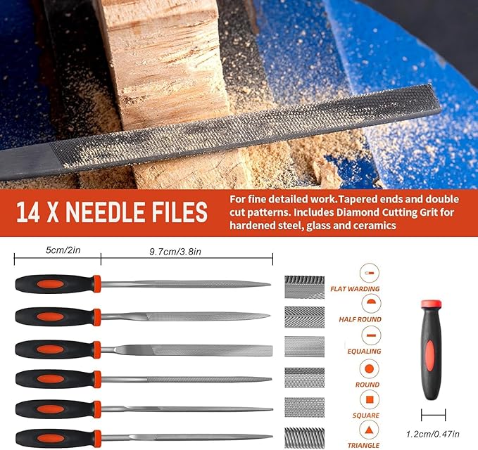 Greywolf 35 piece file set, metal files, premium T12 carbon steel flat, half-round, round, and triangular tips, plus 14 fine sanding tools and 16 sheets of sandpaper for metalworking and woodworking