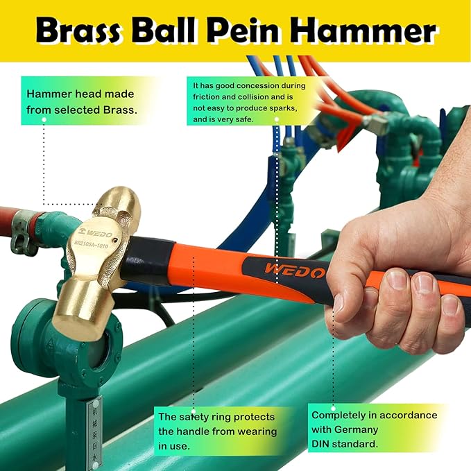 WEDO 2PCS Brass Ball Peen Hammer Set,3/4lb+1lb,Fiberglass Handle,Die-Forged,Corrosion Resistant,DIN Standard