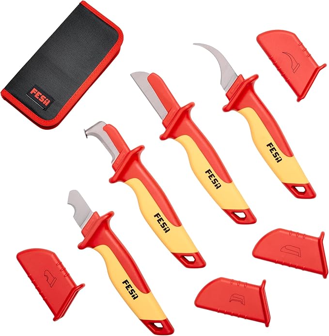FESA Insulated Cable Knife Set - 4-Piece 1000V Insulated Electrician Knife Set for Cable & Wire Dismantling, Stripping & Skinning - With a Compact Zippered Storage Case - 1000V Insulated Tool Set