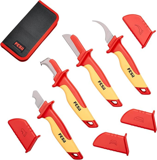 FESA Insulated Cable Knife Set - 4-Piece 1000V Insulated Electrician Knife Set for Cable & Wire Dismantling, Stripping & Skinning - With a Compact Zippered Storage Case - 1000V Insulated Tool Set