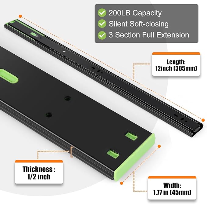 10 Pairs | Soft Close Drawer Slides 12 inch, HBL??Heavy Duty Cabinet Drawer Slides Replacement - Ball Bearing Full Extension, 200 LB Capacity, Made of Cold-Rolled Steel, Rust-Resistant & Long-Lasting.