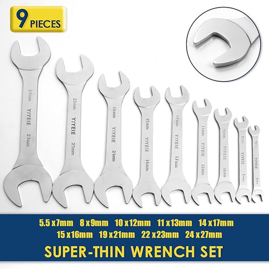 YIYEIE 9Pc. Super-Thin Open End Wrench Set, Metric 5.5, 7, 8, 9, 10, 11, 12, 13, 14, 15, 16, 17, 19, 21, 22, 23, 24, 27 mm, CR-V Steel, Ultra-Slim Flat Wrench Set with Roll-up Pouch