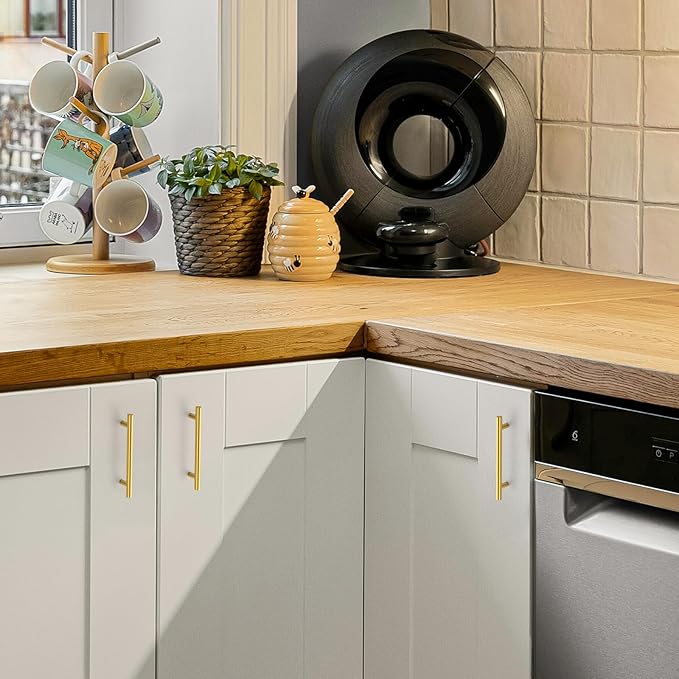 JOY DECOR 10 Pack 7-3/8 Inch Cabinet Pulls Kitchen Cabinet Handles with 5 Inch Hole Center Brushed Brass Cabinet Hardware Stainless Steel Kitchen Drawer Pulls for Cabinets Cupboard, 128mm Hole Centers