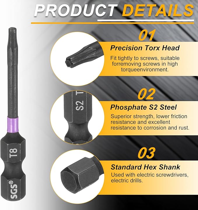 HARFINGTON 5pcs T8 Torx Head Impact Screwdriver Bits 1/4" Hex Shank 2" (50mm) Long Magnetic No Hole Tamper Proof 6 Point Star Screw Driver Drill Bits Phosphate S2 Steel Power Tools
