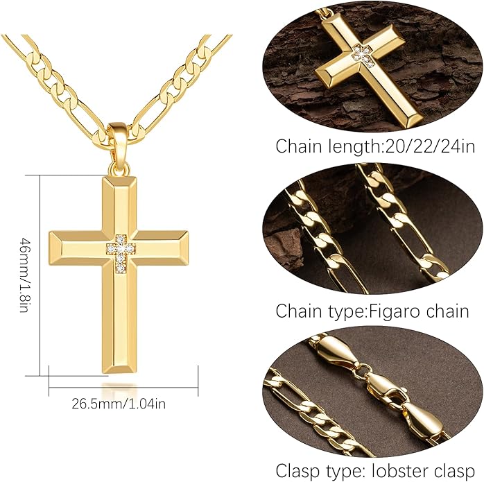 Cross Necklace for Men Gold Cross Necklace for Men 14K Gold Crosses Figaro Chain Pendant for Mens Crosses Necklaces Broad Subtle Sparkle with Cubic Zirconia Necklaces for Mens Chain 20/22/24 inches