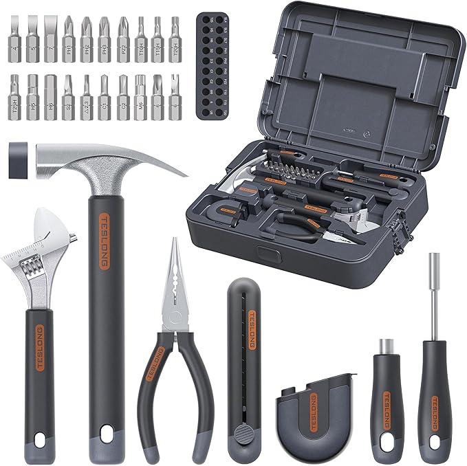Teslong Basic Tool Kit for Home & Apartment, Compact Lightweight Tool Set for Beginners & Renters, Essential Tools for Quick Repairs with Screwdriver, Wrench & Hammer