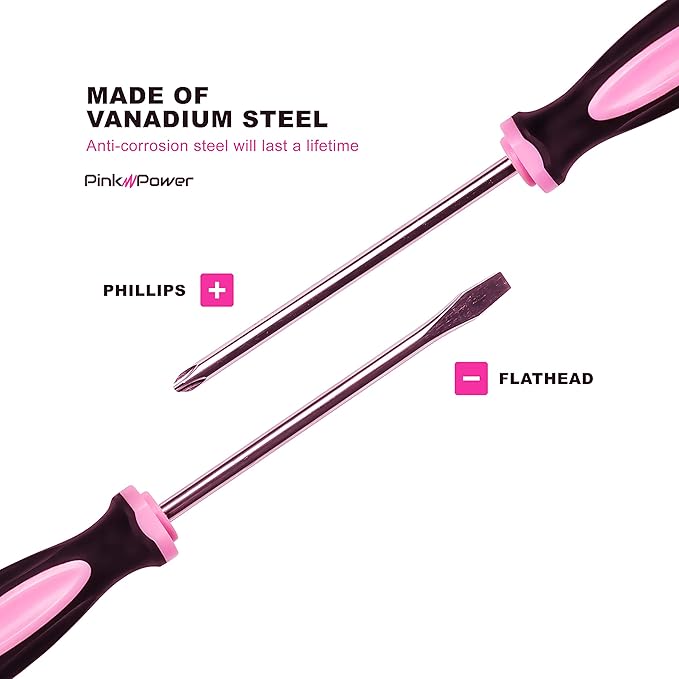 Pink Power Magnetic Screwdriver Set - 6 Piece Phillips Head and Flat Head Hand Pink Tool Set for Women & Ladies - Insulated Screwdriver Kit with Magnetic Tip - Screw Drivers Set